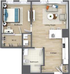 A floor plan of an apartment with a bedroom, living room, kitchen, and bathroom.