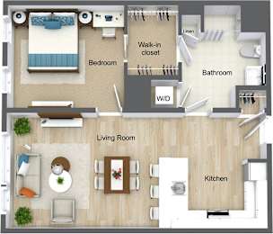 A floor plan of a house showing a bedroom, bathroom, living room, and kitchen.