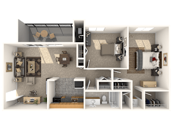 A 3D rendered image of a small apartment layout.