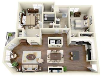 A 3D floor plan of a house with a living room, kitchen, and two bedrooms.