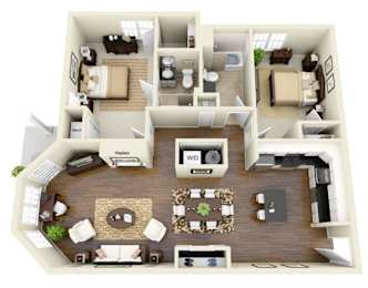 A top-down view of a house layout with a living room, dining area, kitchen, and bedrooms.