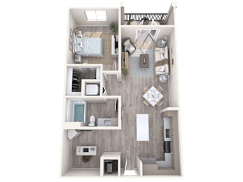 A top down view of a small apartment with a bedroom, living room, and kitchen.