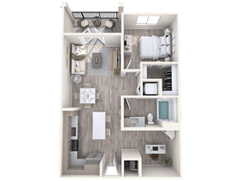 A 3D floor plan of a small apartment with a kitchen, living room, and bathroom.