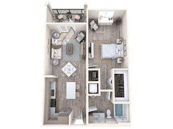 A 3D rendered image of a house layout.