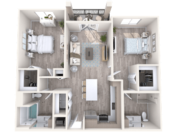 A top-down view of a modern apartment layout.