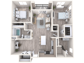 A top-down view of a small apartment with a kitchen, living room, and bedrooms.