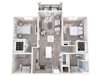 A 3D floor plan of a house with a kitchen, living room, and bedrooms.