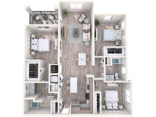 A 3D floor plan of a house with a kitchen, living room, and bathroom.
