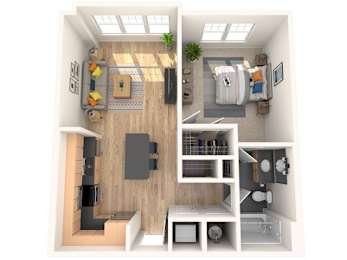 A 3D floor plan of a small apartment with a kitchen, living room, and bathroom.