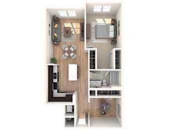 A top-down view of a modern kitchen and living room.