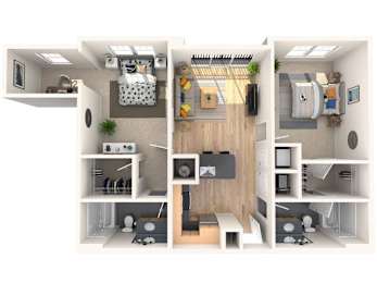 A 3D rendered image of a small apartment with a kitchen, living room, and bathroom.