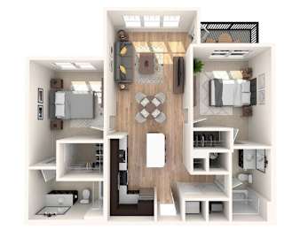 A 3D floor plan of a small apartment with a kitchen, living room, and bathroom.