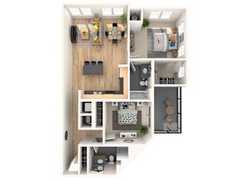 A 3D floor plan of a small apartment with a kitchen, living room, and bedroom.