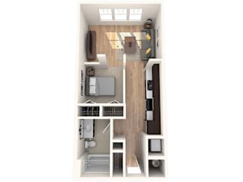 A top-down view of a small apartment with a kitchen, living room, and bathroom.