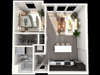 A 3D floor plan of a small apartment with a kitchen, living room, and bathroom.