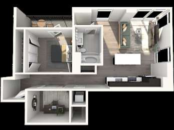 A 3D rendered image of a modern apartment layout.