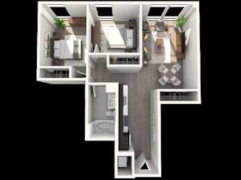 A 3D floor plan of a house with a kitchen, living room, and bathroom.