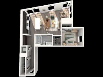 A 3D image of a house layout with a kitchen, living room, and bathroom.