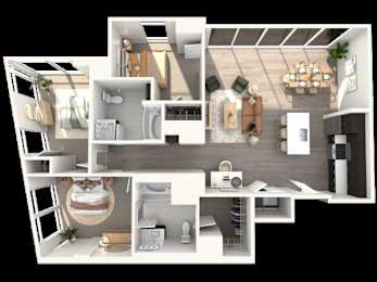 A 3D rendered image of a modern apartment layout.