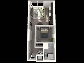 A 3D rendered image of a small, modern apartment.