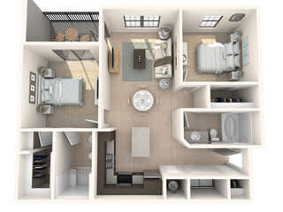 A diagram of a house layout with a kitchen, living room, and bathroom.