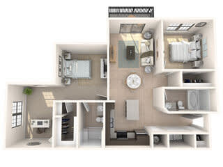 A floor plan of a two-bedroom apartment with a living room, kitchen, and bathroom.