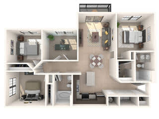 A 3D floor plan of a small apartment with a kitchen, living room, and bathroom.