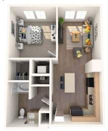 A small apartment layout with a kitchen, living room, and bathroom.