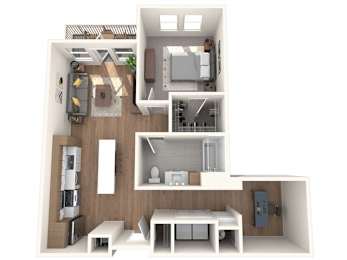 A 3D image of a house layout with a kitchen, living room, and bathroom.