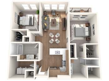 A 3D floor plan of a house with a kitchen, living room, and two bedrooms.