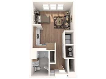 A top-down view of a small apartment with a kitchen, living room, and bathroom.