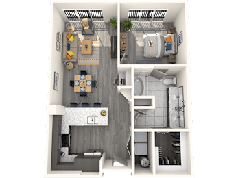 A 3D floor plan of a small apartment with a kitchen, living room, and bedroom.