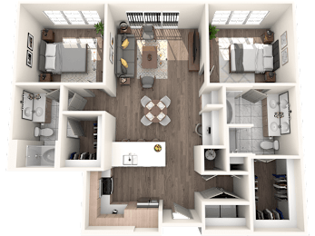 A 3D floor plan of a house with a kitchen, living room, dining room, and bedrooms.