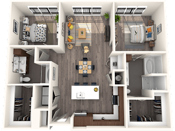 A top-down view of a small apartment with a kitchen, living room, and bedroom.