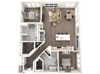 A 3D floor plan of a house showing the layout of the rooms.