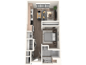 A top down view of a small apartment with a kitchen, living room, and bathroom.
