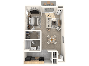 A top down view of a small apartment with a kitchen, living room, and bedroom.