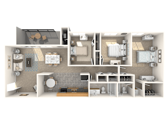 A detailed 3D floor plan of a house showing all rooms and furniture.