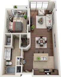 A top-down view of a small apartment with a living room, kitchen, and bathroom.
