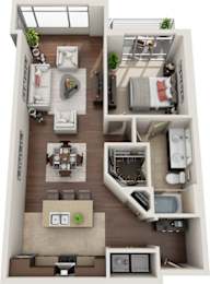 A top-down view of a modern apartment layout with a kitchen, living room, dining area, and bathroom.