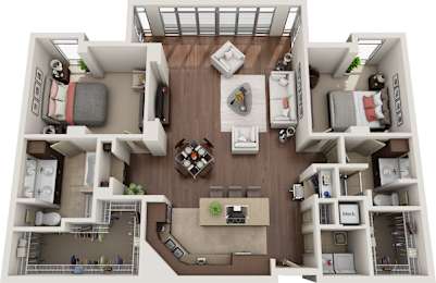 A 3D floor plan of a house with a kitchen, living room, and two bedrooms.