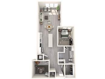 A 3D floor plan of a small apartment with a kitchen, living room, and bathroom.