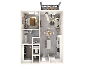 A 3D floor plan of a small apartment with a kitchen, living room, and bathroom.