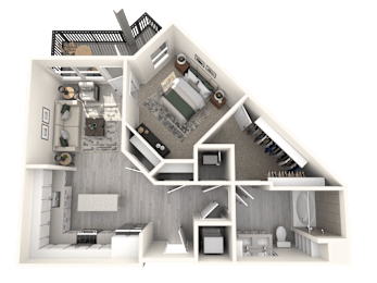 A 3D rendered image of a house layout.
