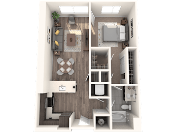 A top-down view of a small apartment with a living room, kitchen, and bathroom.