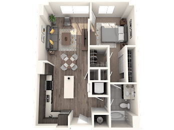 A 3D rendered image of a modern apartment layout.
