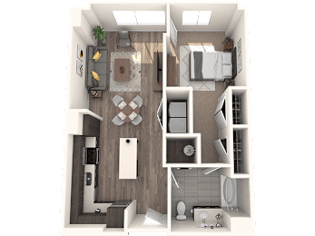 A 3D rendered image of a modern apartment layout.