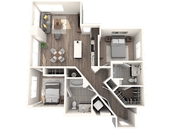 A 3D floor plan of a house showing a kitchen, living room, dining room, and bedrooms.