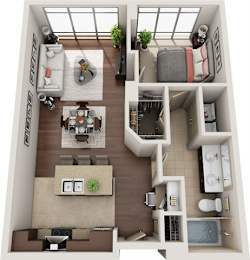 A 3D floor plan of a small apartment with a living room, kitchen, and bedroom.