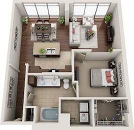 A 3D floor plan of a small apartment with a kitchen, living room, and bathroom.